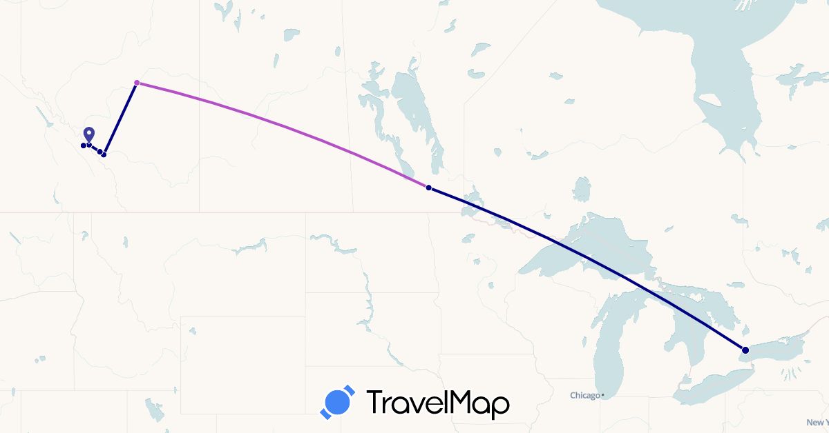 TravelMap itinerary: driving, train in Canada (North America)